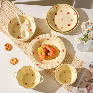 Cream Ins Style Love Tableware Bowl and Dish High-grade Sense suit Household Ceramic Dishes and Dish High Color Value Accompanying Gift