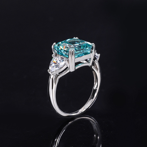 Zhuang Sheng Sheng Jewelry S925 full silver high-carbon diamond mint green square 10*10 open-mouth ring 5 carat women's ring