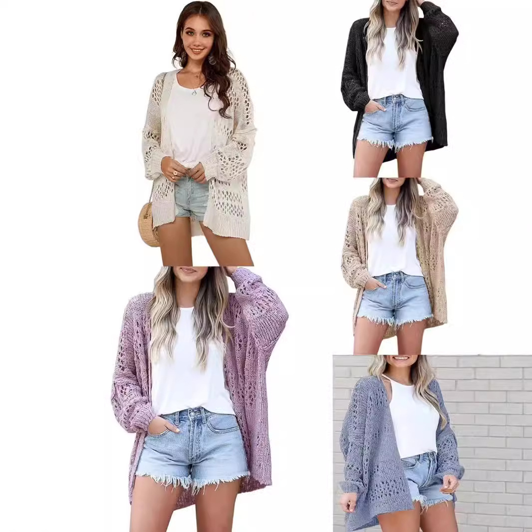 亚马逊春秋新款外贸欧美时尚女士开衫长袖V领镂空纯色针织宽松薄