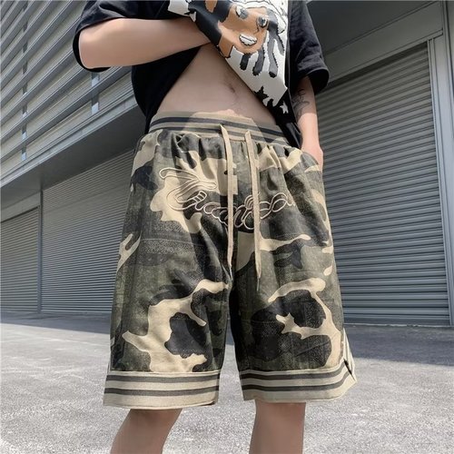 American retro embroidered camouflage denim cargo shorts men's summer fashion brand loose five-point casual basketball sweatpants