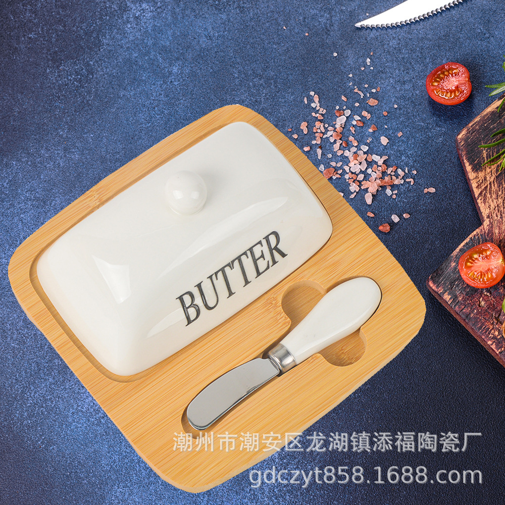 Caja de mantequilla de cerámica de explosión transfronteriza caja de queso doméstica de gran capacidad tazón de mantequilla con cuchillo cubierta de madera de bambú
