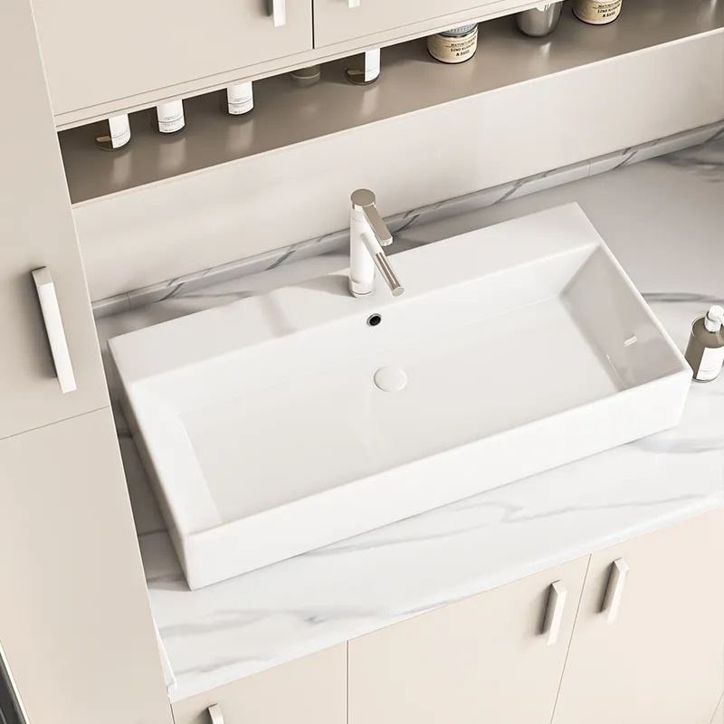 Countertop Washbasin, Household Ceramic Integrated Square Washbasin, Wall-Mounted Single Basin, Hotel Bathroom Sink
