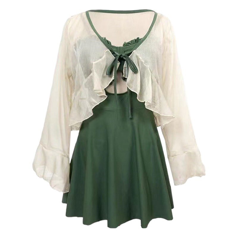 Traje de baño de mujer, estilo falda de una pieza de cintura alta que estiliza, sexy y de estilo puro, estilo ins, manga larga, para resort de aguas termales, venta al por mayor