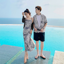 2023情侣装沙滩海边旅游水墨画露背绑带连衣裙男短袖衬衫