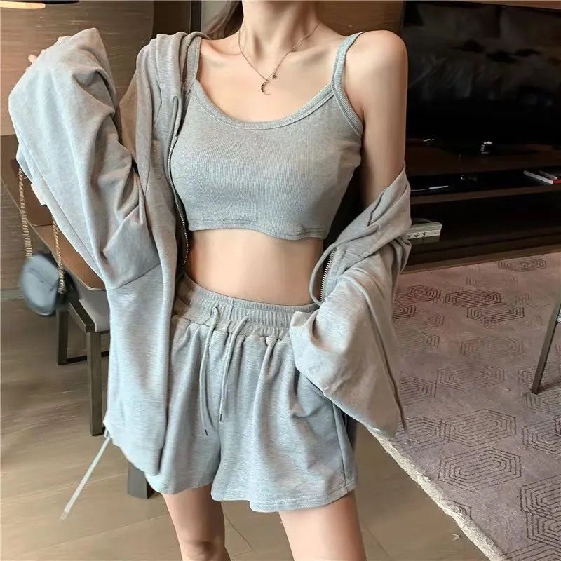 2022 Summer Sports Three-piece Solid Color Jacket Women's Loose Shorts Sexy Camisole Suit Chis Early Autumn