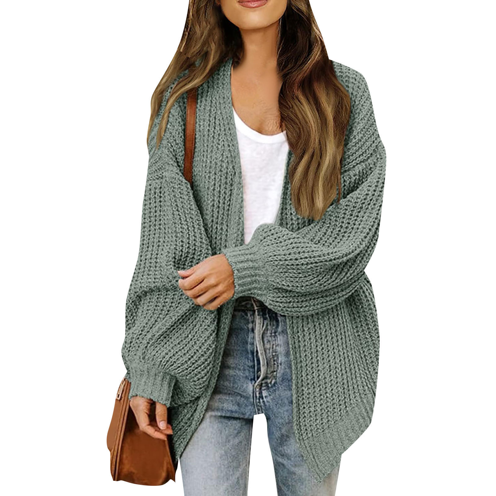 2023 Otoño e Invierno Amazon comercio exterior de las mujeres manga larga linterna manga color sólido flojo punto cardigan grueso aguja suéter para las mujeres