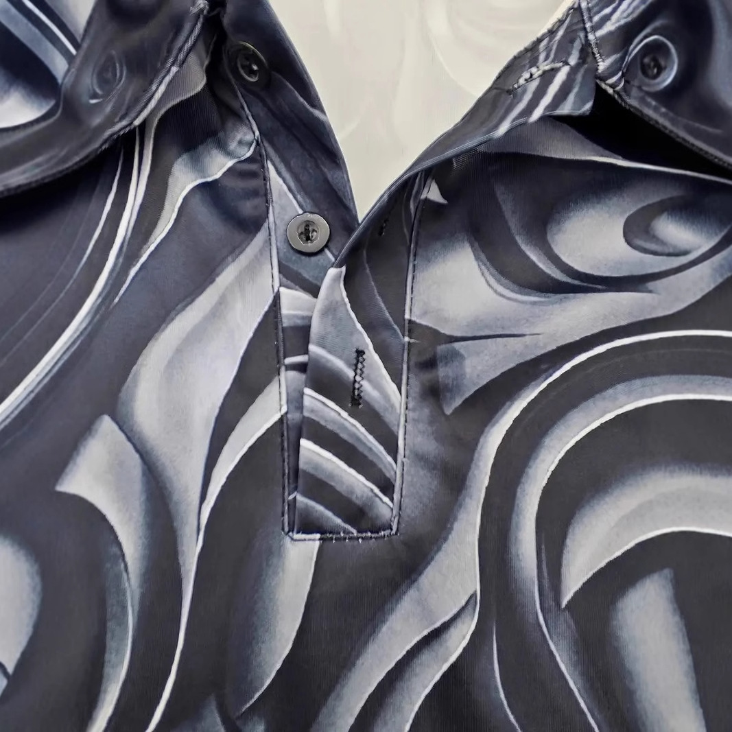 Camisa POLO transpirable con cuello con botones de manga larga suelta de negocios para hombres con estampado tridimensional tallado en metal de alta calle