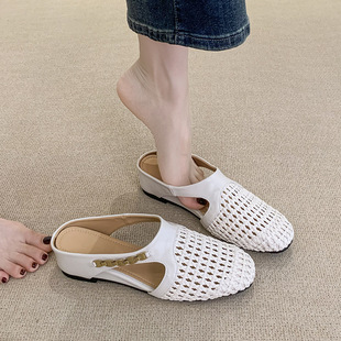 2025 Increase Height by 5cm Within 2025, Woven Cut Out Toe Half Slippers, Breathable Outer Wear with Skirt, Thick-Soled Sandals for Women, Fashionable