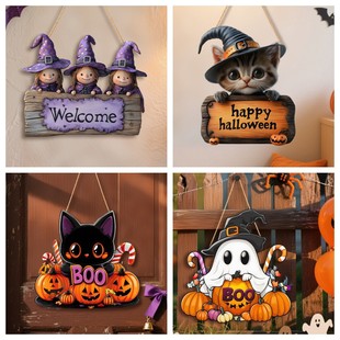 Cross-Border New Product Halloween Witch Sisters Wooden Door Sign Hanging Retro Holiday Decoration Porch Sign