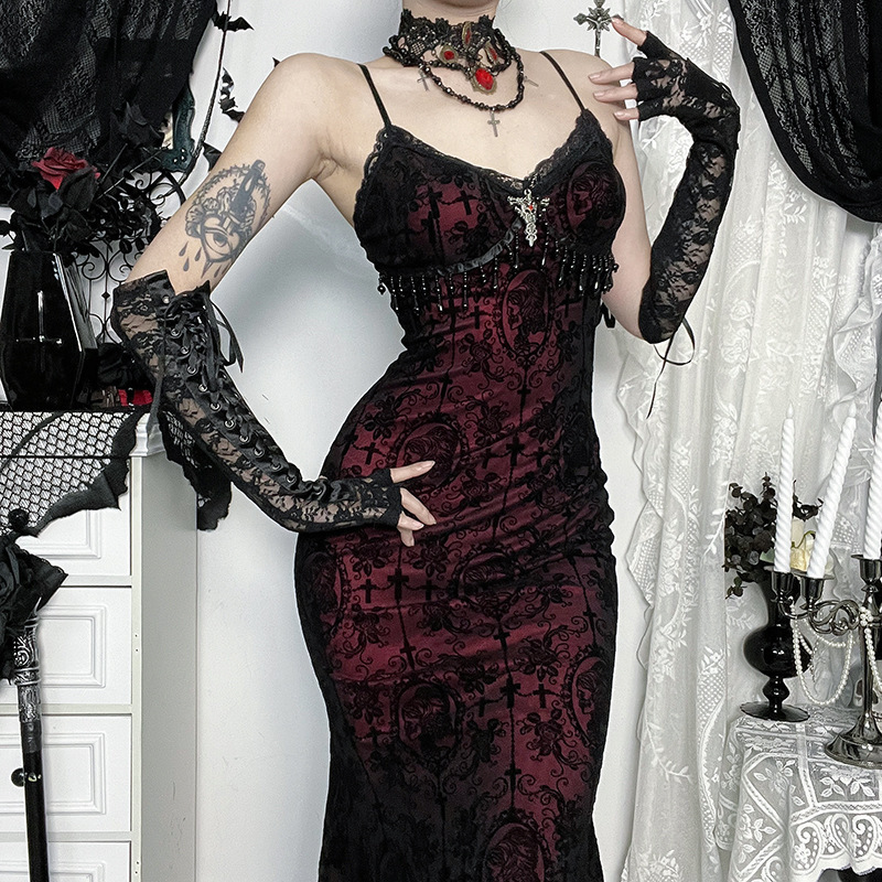 Xs25218Aho Dark Gothic Style Flocked Suspender Dress 2025 New Sexy Sexy Slim Long Skirt for Women