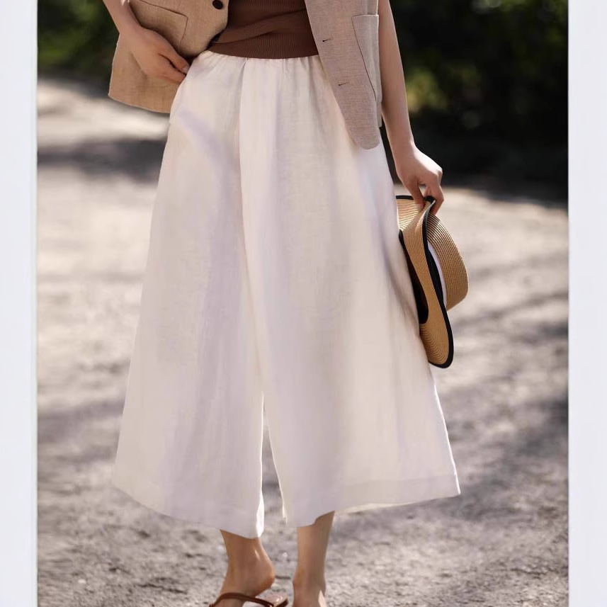 Quần culottes ống rộng vải lanh mỏng mát mùa hè nữ — Trắng sứ trơn, Xanh ngọc bích