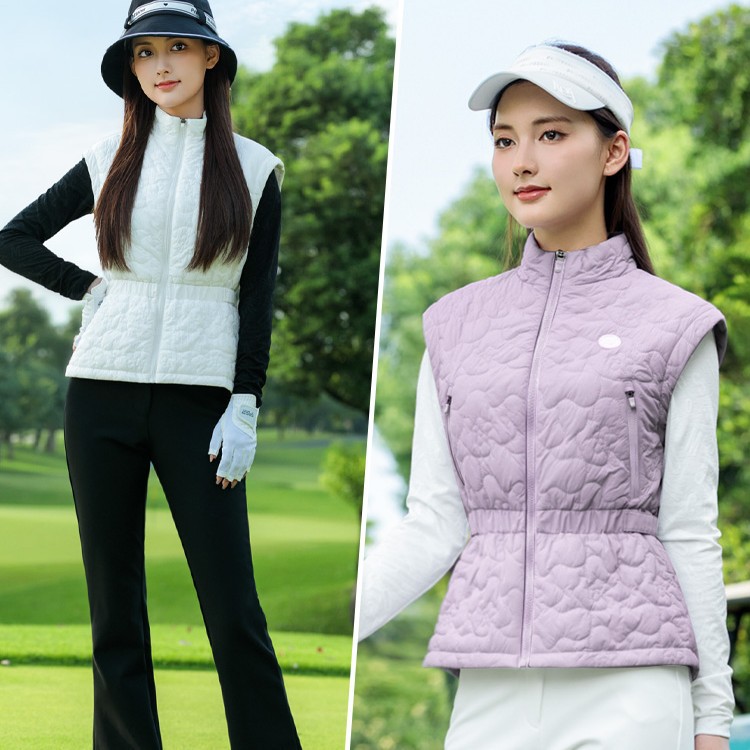 Áo vest khoác nữ thể thao golf chần bông cổ đứng khóa kéo — Áo vest trắng [eo có thể điều chỉnh/cổ áo đứng có khóa kéo/lót chần bông] YF856