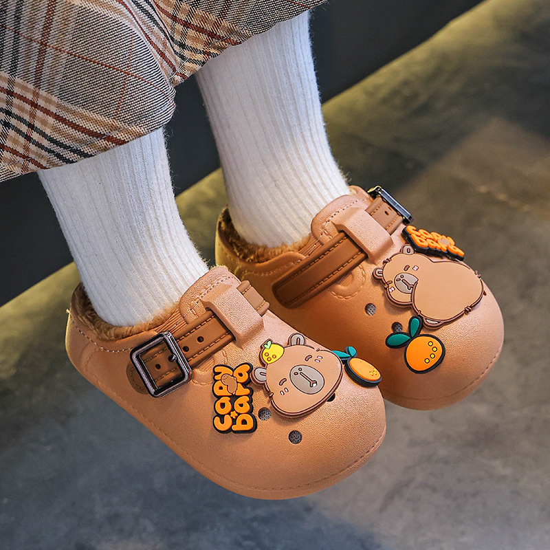 Zapatillas de algodón para niños Capibara, zapatillas de algodón para niños, niños, niñas y niños, cálidas y impermeables para el hogar, bolsas de tacones para niños, niños