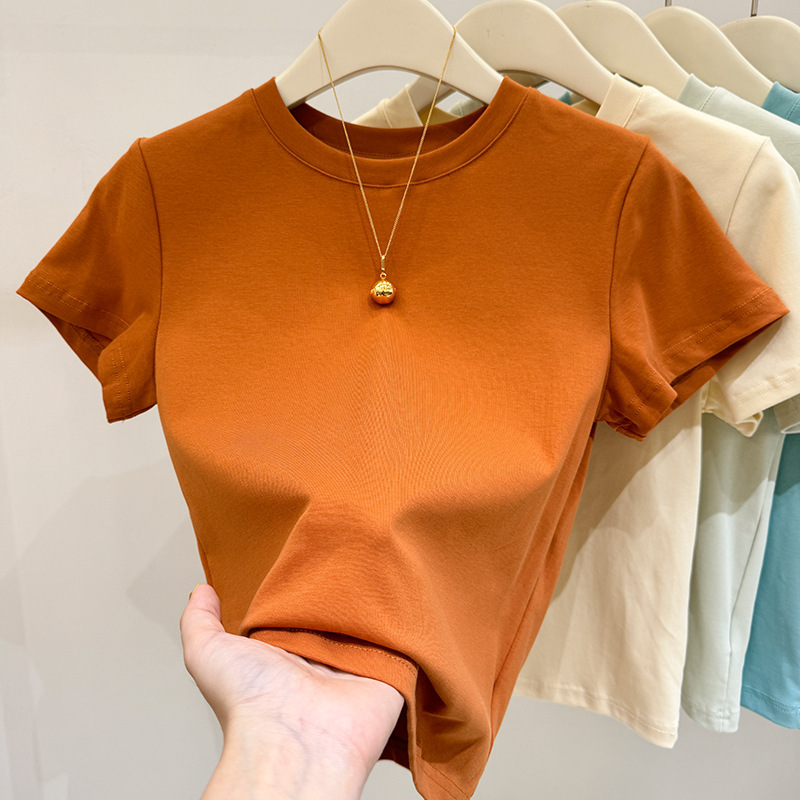 2025 Summer Solid Color Spice Girls White Short-sleeved T-shirt Women's Korean-style All-match Slim-fit Slimming Round Neck Tight Base Shirt