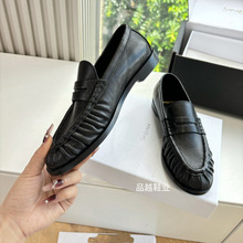 2025英伦风新款经典正皮包头乐福鞋圆头褶皱休闲鞋女鞋