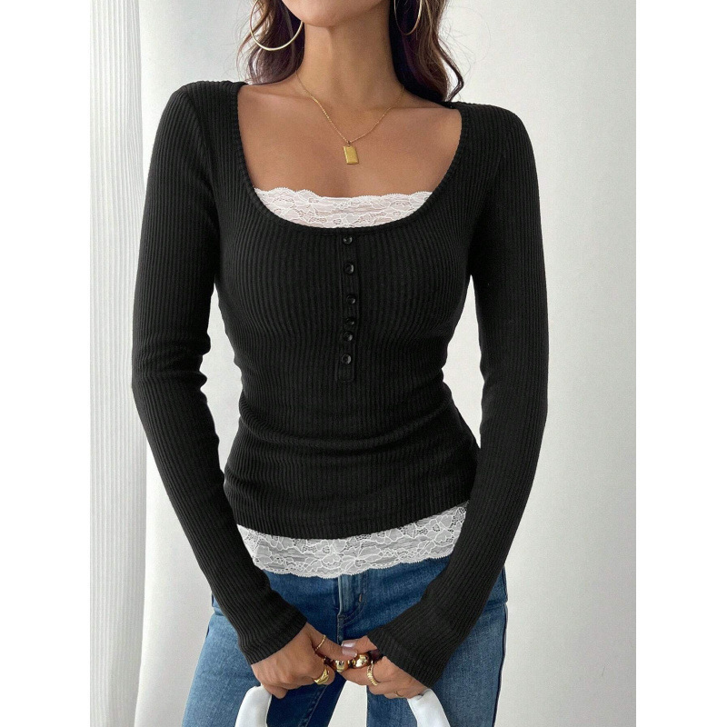 2026 Cross-Border Foreign Trade Women's Square-Neck Button Lace Slim-Fit Knitted Top Knit Sweater Hollow-Out Long Sleeves 2026 Cross-Border Foreign Trade Women's Square-Neck Button Lace Slim-Fit Knitted Top Knit Sweater Hollow-Out Long Sleeves