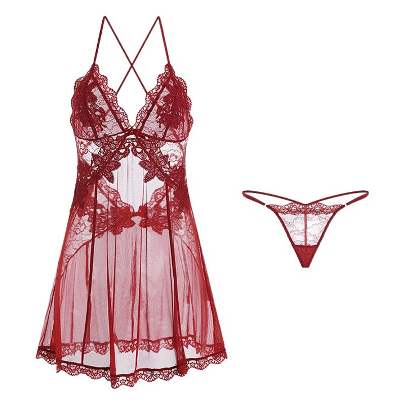 Guiruo Brand Sexy Perspective Temptation Backless plus size Sling Nightgown Embroidered Pajamas Women's Home Clothes suit 1899