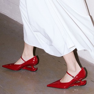 [Ready Stock] French High-End Retro Suspended Heel Buckle Flats Pointed Toe High Heel Mary Jane Small Leather Shoes