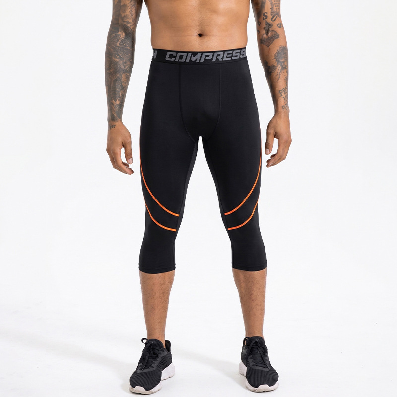 Pantalones de fitness delgados transfronterizos de alta velocidad elástica secos de pista y campo, pantalones de compresión de baloncesto para hombres, pantalones cortos deportivos de siete puntos