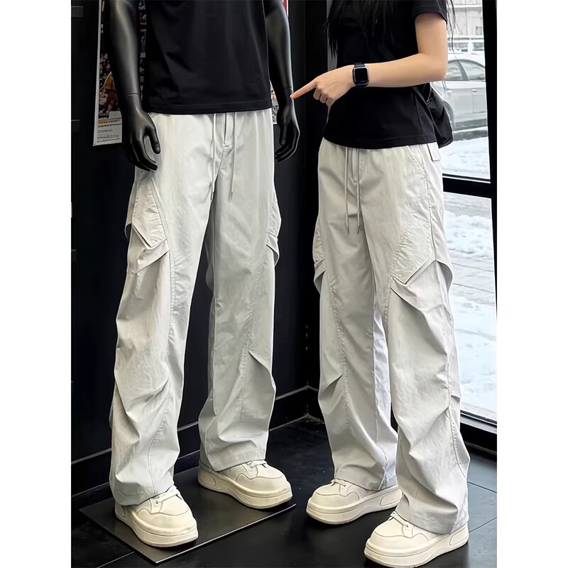Off-White Pleated Quick-Dry Work Pants for Men, Summer Thin Ice Silk Waterproof Straight-Leg Pants, Cleanfit Casual Pants