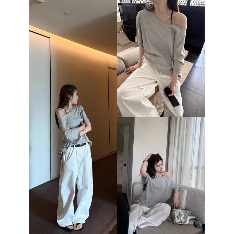 3531 #   superniniyy 薄くて柔らかく、ゆったり、スリム、オフショルダー、斜め肩、ミッドスリーブ T シャツ トップ|undefined