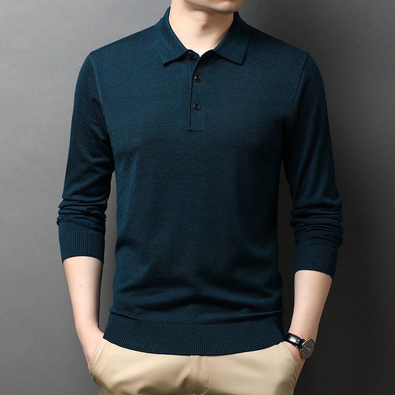 Suéter de lana para hombre 2025 Primavera y otoño Camiseta fina de manga larga para personas jóvenes y de mediana edad Suéter tipo polo de color puro con solapa de 6 lanas para hombres