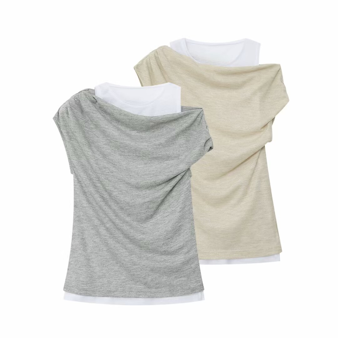 Women's Clothing Women's Casual Double Layer Asymmetrical Round Neck Sleeveless T-Shirt Summer For Formal & Casual For Women_ecoleips.com