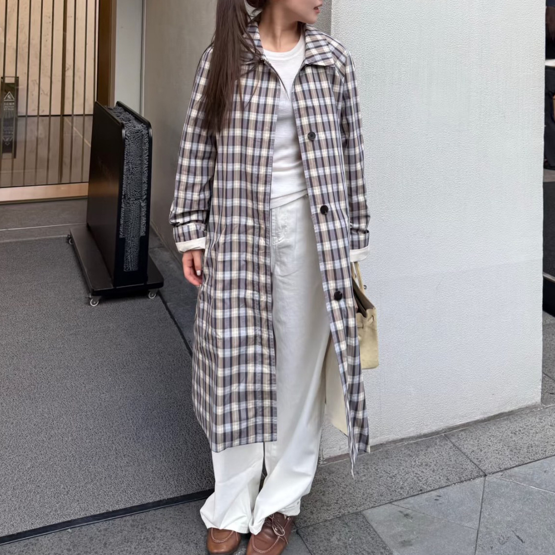 In Stock Accessible Luxury Style Yarn-Dyed Plaid Lapel Silhouette Long Windbreaker Jacket for Women Autum New R5962