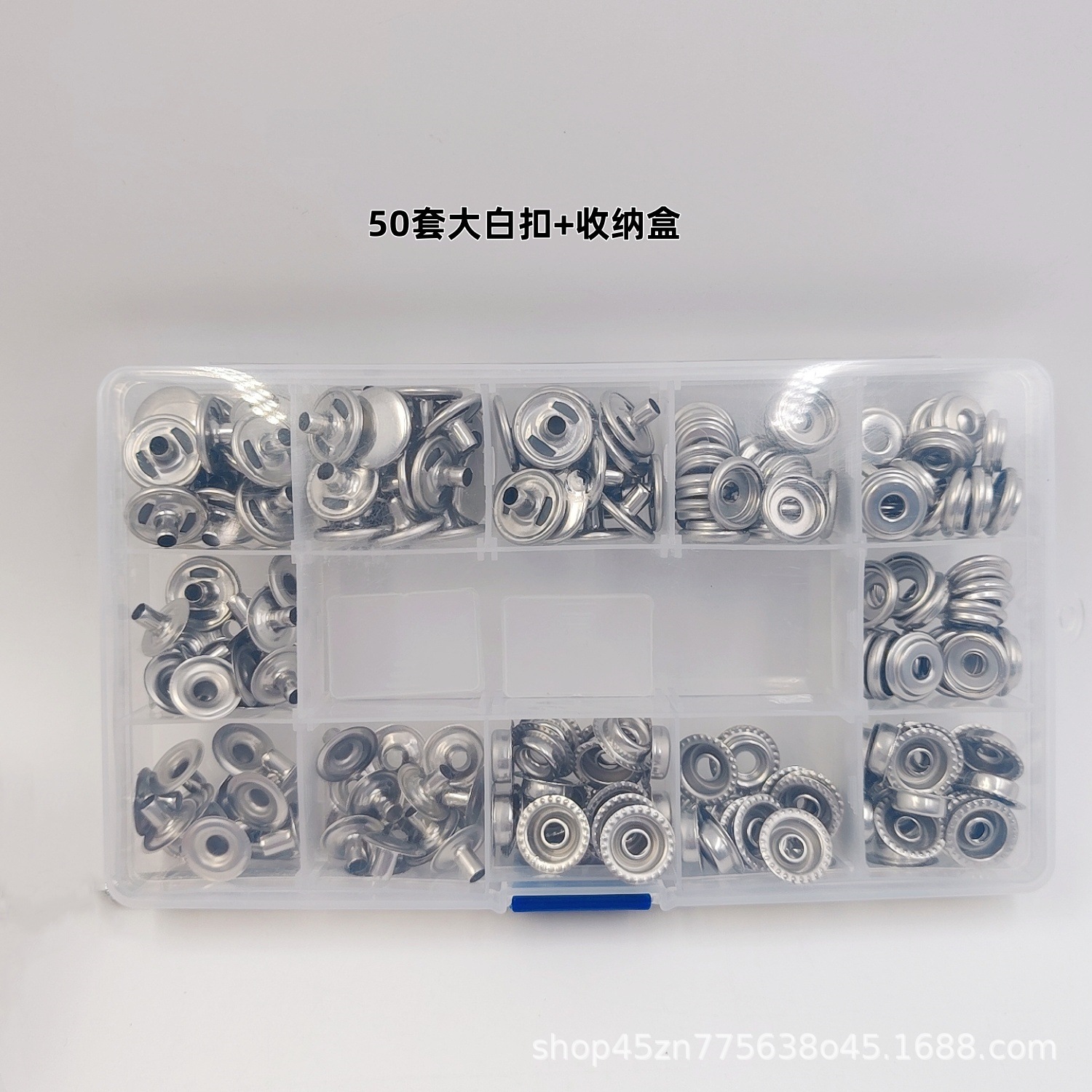 Inventario al por mayor de metal cuatro cierre conjunto de herramientas de instalación lona de tienda 201 botones de acero inoxidable botones blancos