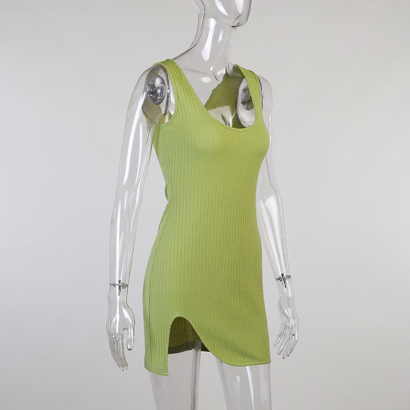 Slim Fit V-collar Irregular Hem Solid Color Ribbed Knitted Bodycon Tank Dress