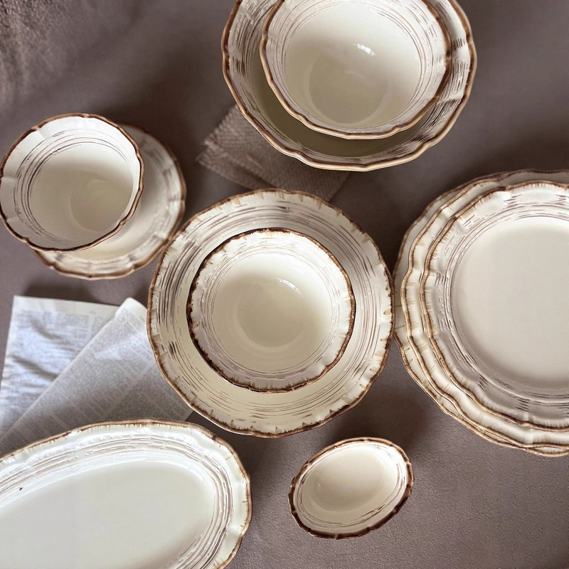 Kiln-Glazed Roman Set Retro Mid-Century Style Rice Bowl Noodle Bowl Soup Bowl Deep Plate Shallow Plate High-End Set Salad Plate