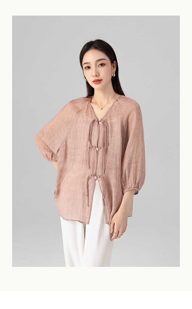 Áo sơ mi chống nắng dáng rộng phong cách Trung Quốc mới vải gai Tencel nữ mùa hè — Màu trà ngọt ngào chi tiết 4