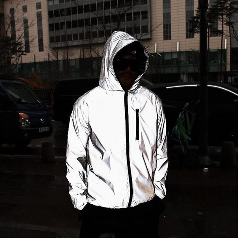 Bright Silver-Gray Reflective Jacket for Men and Women, Fully Reflective Hooded Jacket for Cycling, Night Running, Windproof Windbreaker