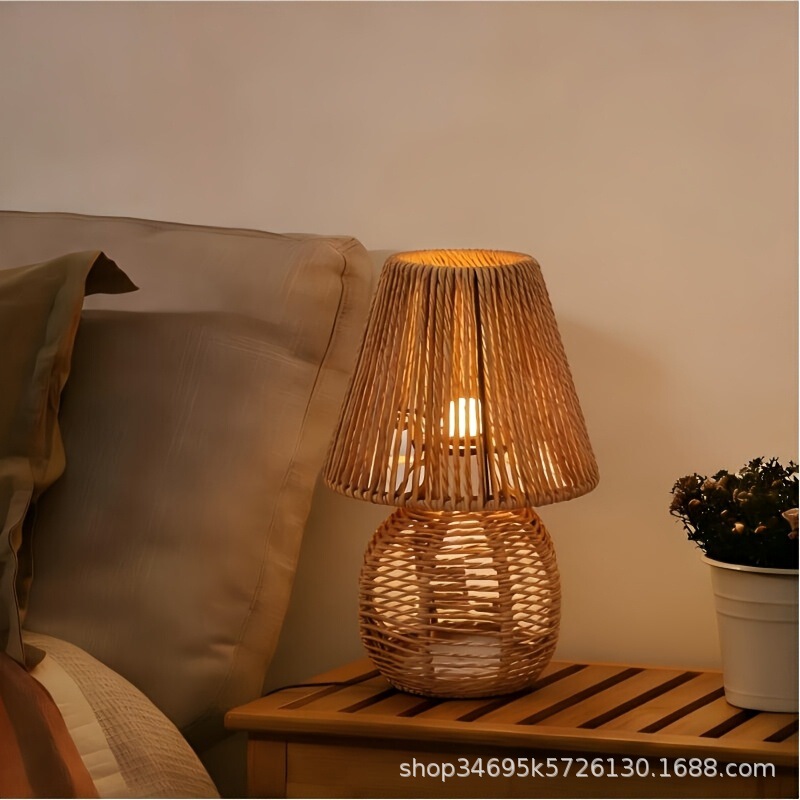 Rope and rattan paper cord small table lamp, Bohemian handmade rustic style, bedroom nightstand night light