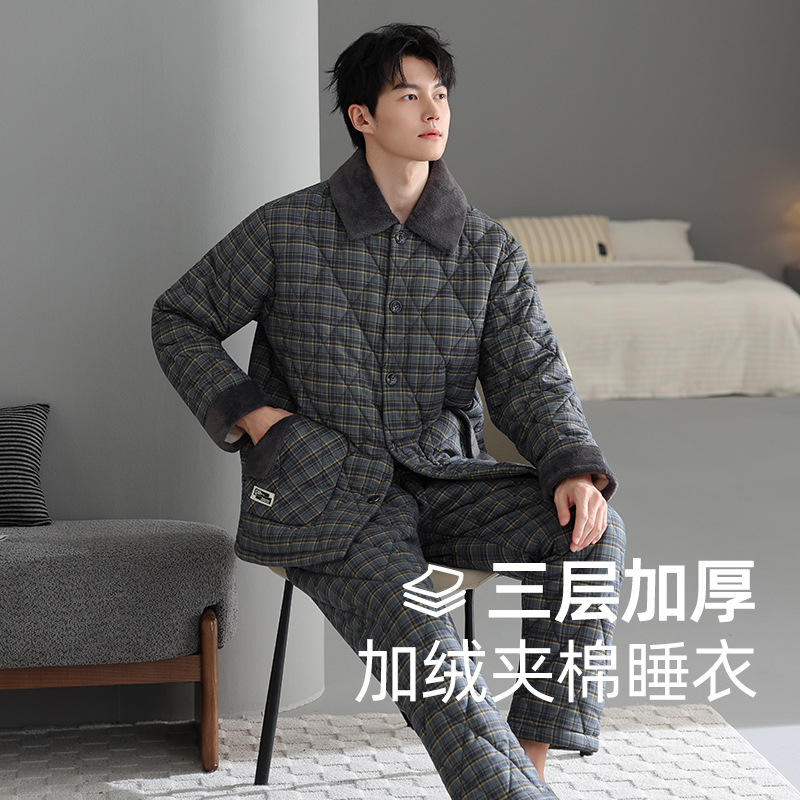 Men's Winter New Pajamas, Three-Layer Cotton Quilted Fleece-Lined, Thickeneded and Warm, Autumn and Winter Cotton Jackets, Home Clothes, Large Sizes That Can Be Worn Outside