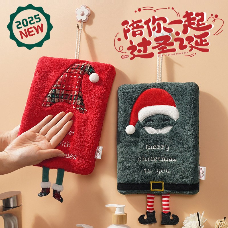 Christmas Hand Towel, Hanging Type, Thickened Coral Fleece Towel, Kitchen Absorbent Quick-Drying Cloth, Cartoon Christmas Gift
