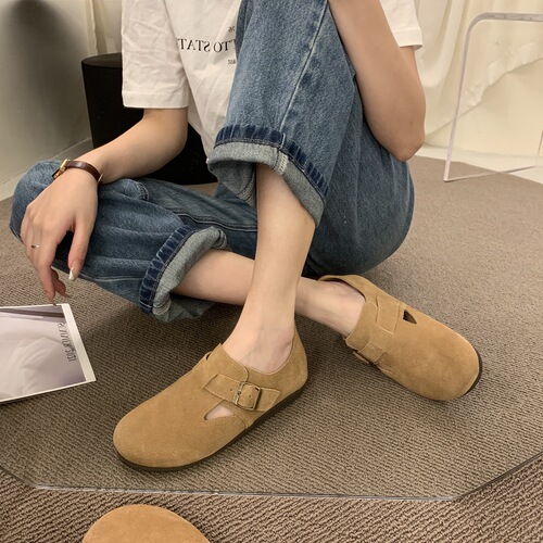 Boken Shoes for Women: Genuine Leather Suede Flat Slip-Ons with Soft Soles, Soft Vamps, and a Comfortable, Adorable Japanese-Style Retro Design—Fully Enclosed Toe Style