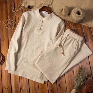 Spring and Autumn New Chinese style men's solid color cotton and linen long-sleeved trousers suit men's plus size loose fashion two-piece suit