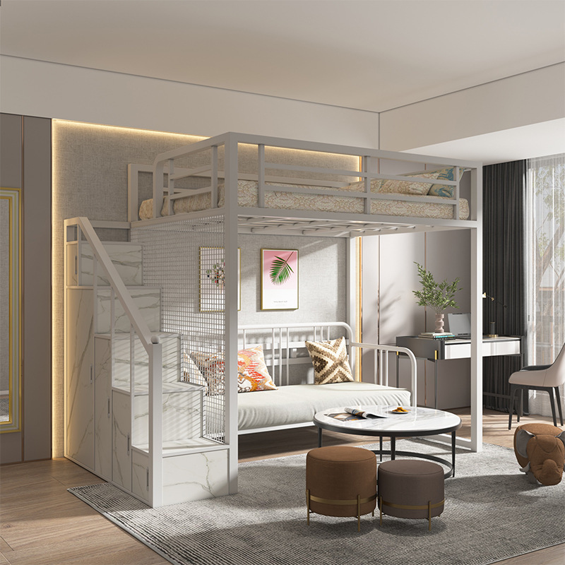 Amazon venta caliente loft cama de hierro forjado cama elevada escuela pequeña casa de piso superior y inferior fábrica de camas de apartamentos transfronterizas