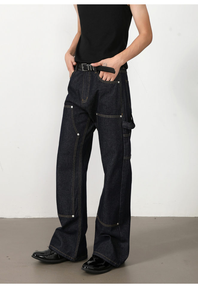 Quần jean nam ống loe nhẹ dáng chữ A phong cách đường phố, cạp vừa, dài — Xanh denim chi tiết 10