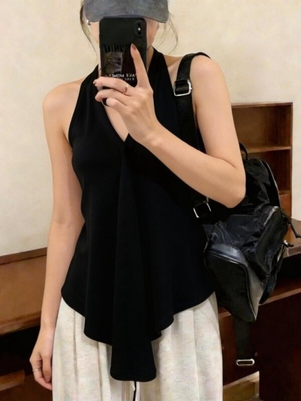 Black Halter Neck Tassel Strap Backless Camisole for Women, New Summer Style, Plus Size Inner Wear Top