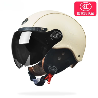 Motosiklet dəbilqələri, certification men's retro half helmet - one-size-fits-all-leather-rice-removable-ear-protection-class-a-harley-short-mirror-shade-short-mirror