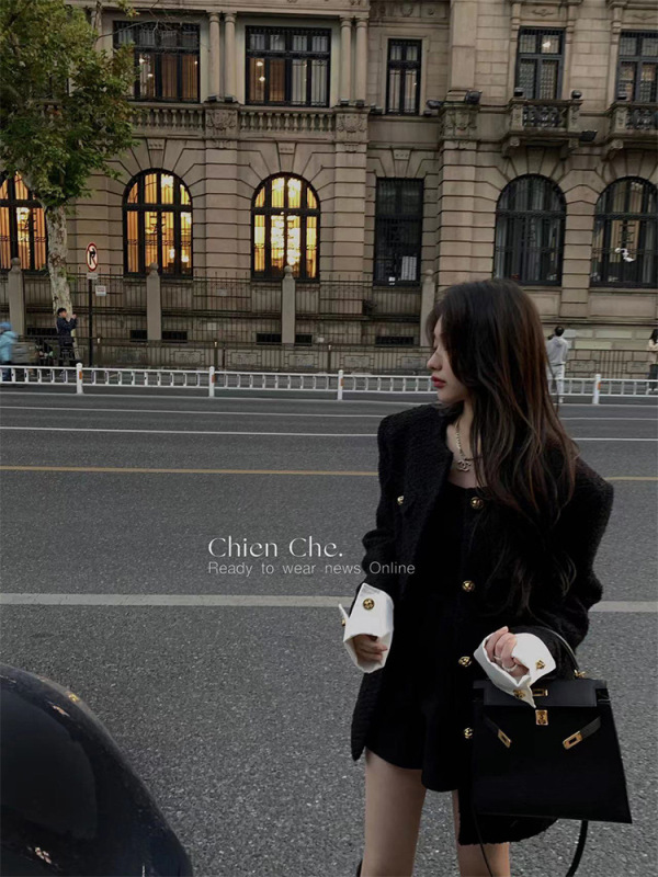 车迟恩Chien 车氏千金别致黑色羊毛上衣秋冬感小香风厚外套女|undefined