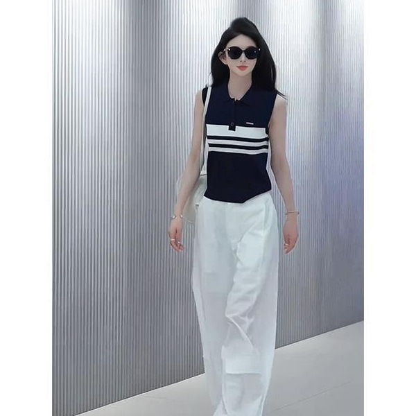 ネットセレブのクールで個性的な夏服、コントラストカラーのラペルノースリーブセーター、ハイウエストのドレープフロアレングスカジュアルパンツ|undefined