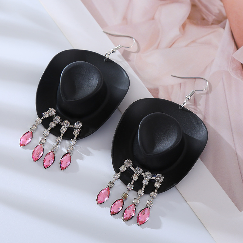 1 Pair Retro Hat Tassel Heart Shape Inlay Alloy Plastic Rhinestones Drop Earrings display picture 2