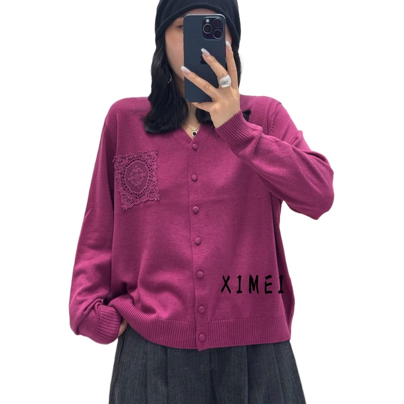 秋季新品V领针织开衫洋气蕾丝贴布上衣女宽松长袖外套|undefined