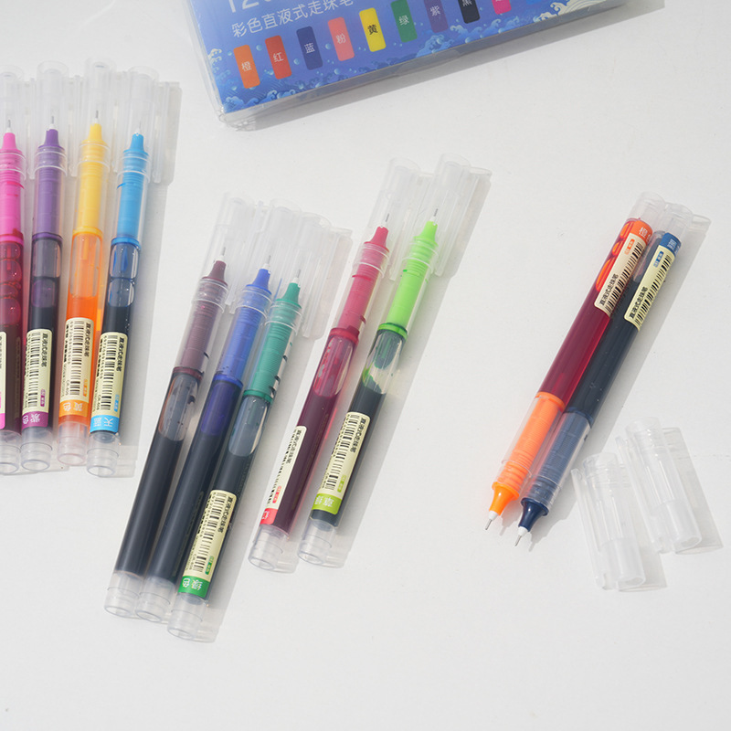 12色の直液式のボールペンの中性ペンの学生のカラーペンはノートをします。|undefined