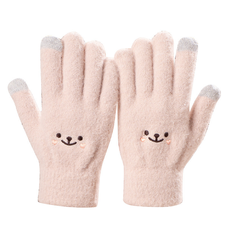 新しい冬用のかわいい防寒保温タッチスクリーン対応タイピング学習刺繍漫画スマイリーニット手袋（サイクリング用）|undefined
