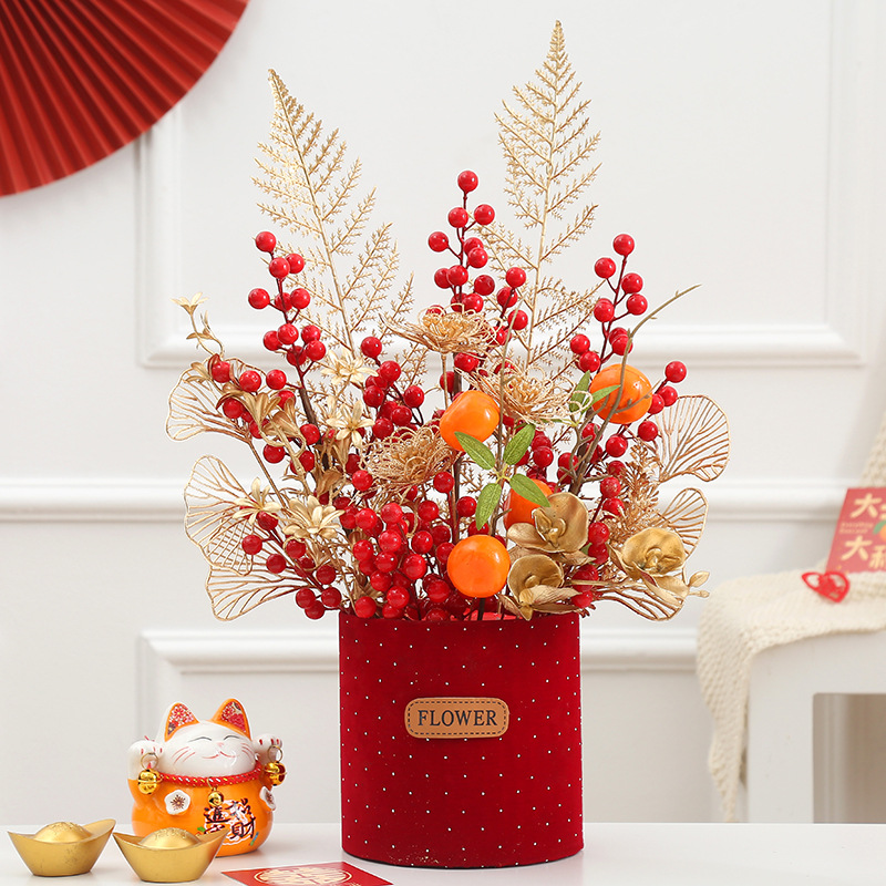 春节仿真年宵花绒布桶新居乔迁红色喜庆装饰摆件福桶婚庆布置用品