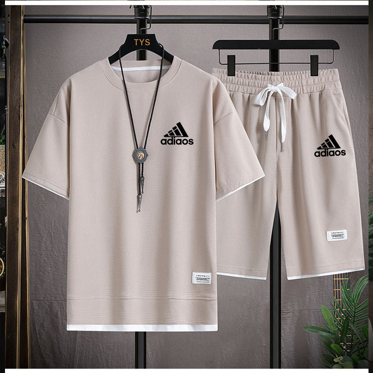 Waffle Knit Short-Sleeve T-Shirt Men's Casual Sports Suit Wholesale Fake Two-Piece T-Shirt Two-Piece Set Trendy Sports Suit